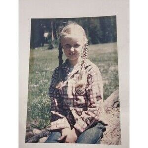 Vintage Photo Young Blonde Girl Posing Braids Pigtails Plaid Shirt Color
